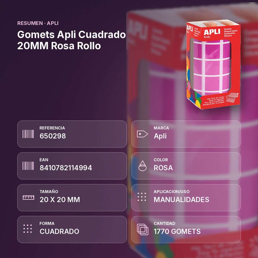GOMETS APLI CUADRADO 20MM ROSA ROLLO - resumen de atributos