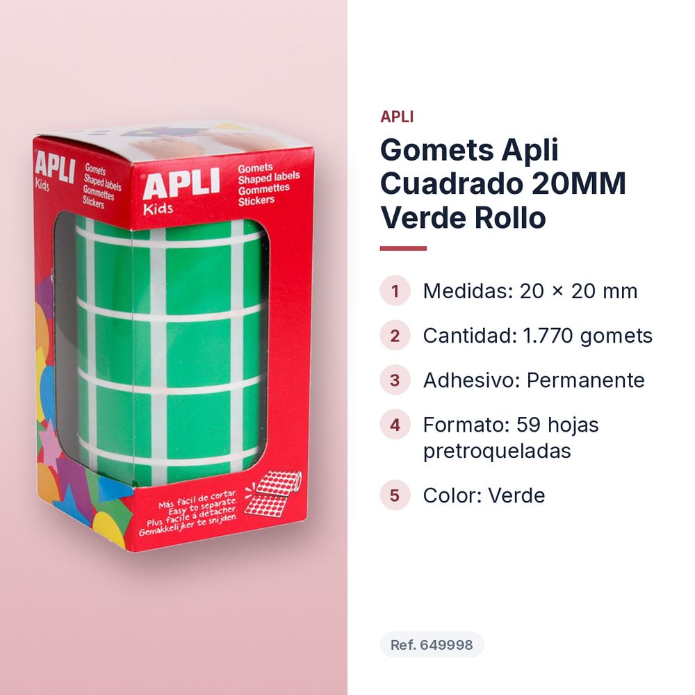 GOMETS APLI CUADRADO 20MM VERDE ROLLO - características principales