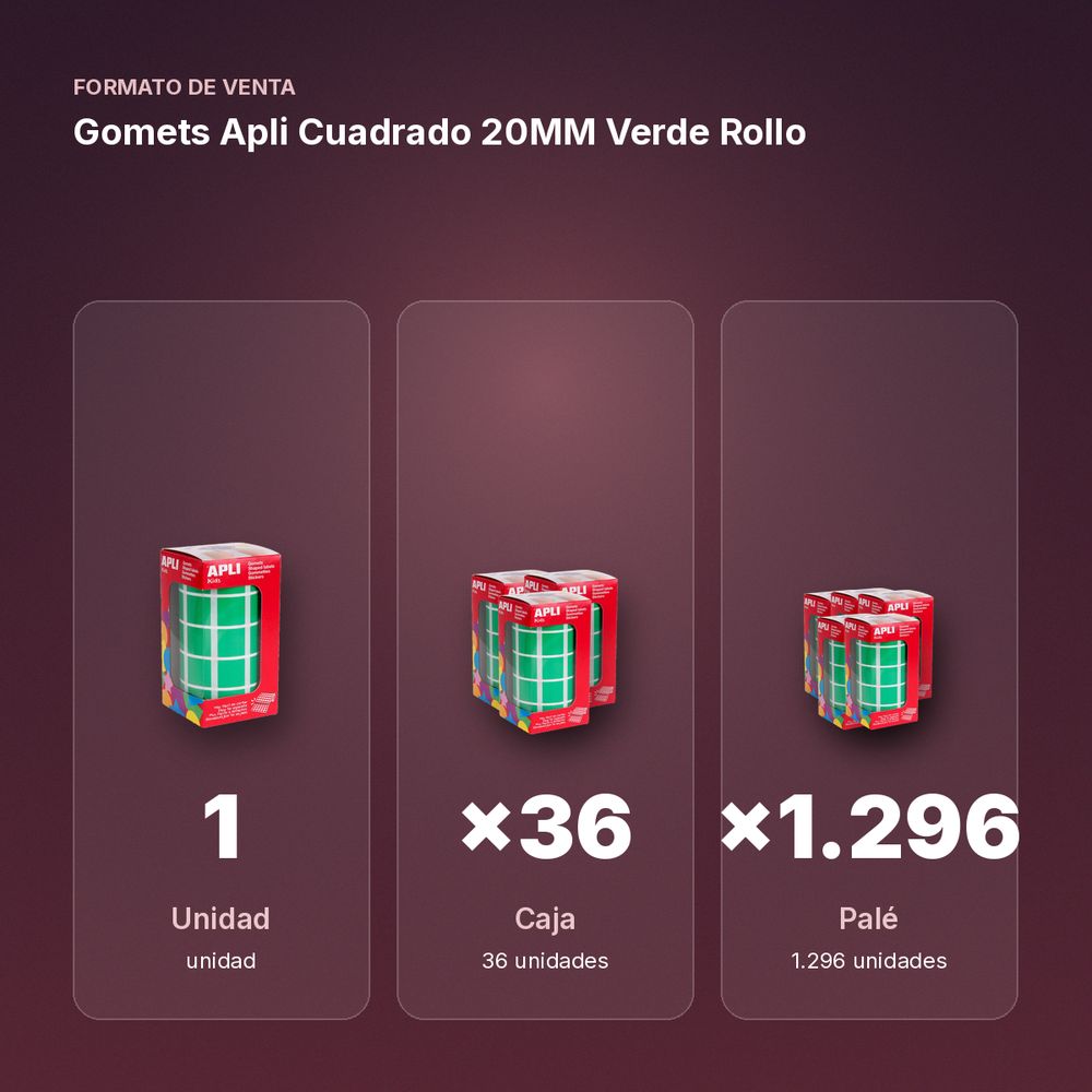 GOMETS APLI CUADRADO 20MM VERDE ROLLO - formato de venta: caja de 36, palé de 1296