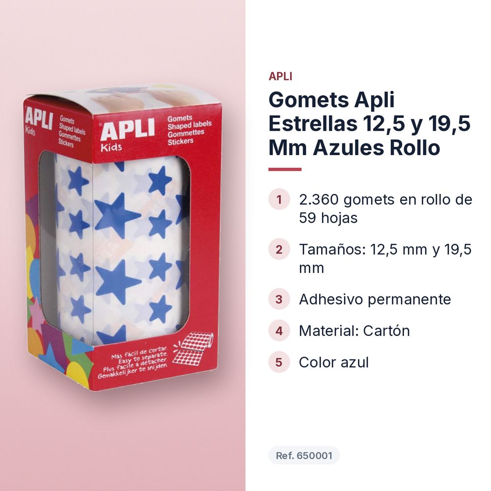 GOMETS APLI ESTRELLAS 12,5 Y 19,5 MM AZULES ROLLO - características principales