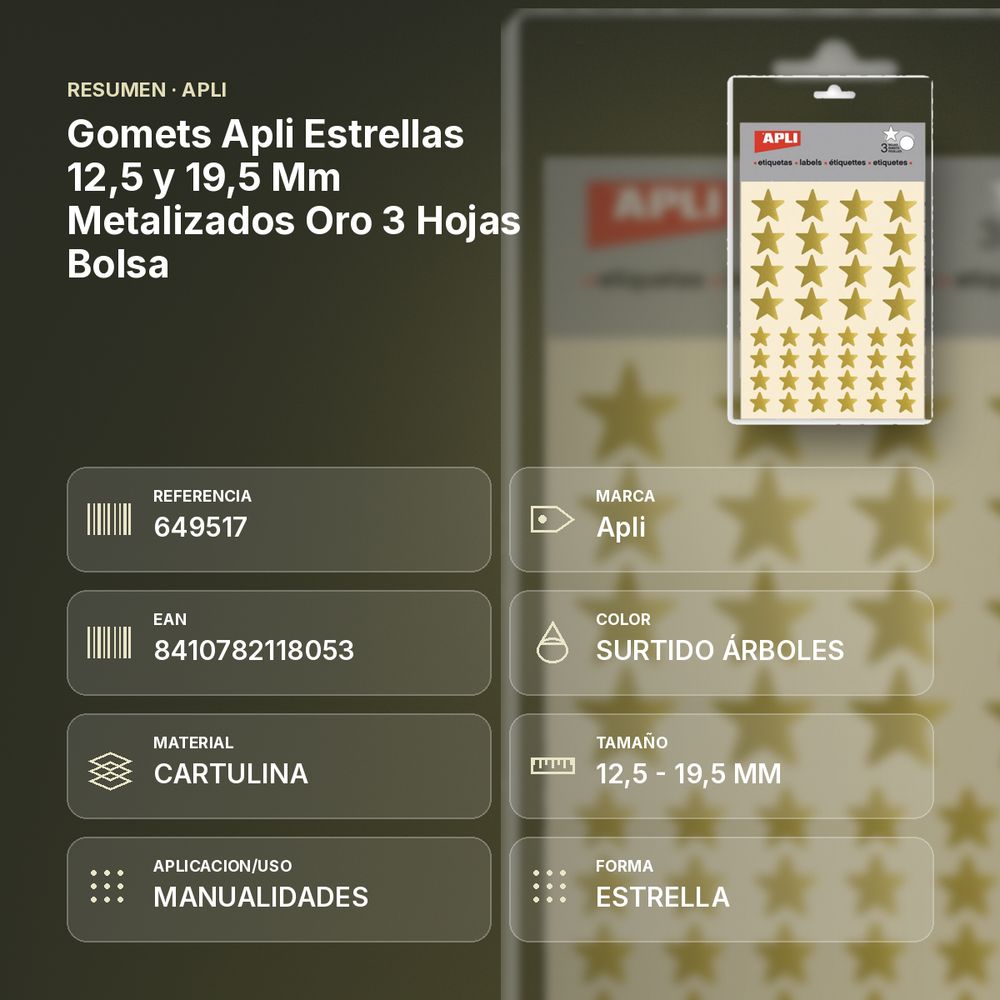 GOMETS APLI ESTRELLAS 12,5 Y 19,5 MM METALIZADOS ORO 3 HOJAS BOLSA - resumen de atributos