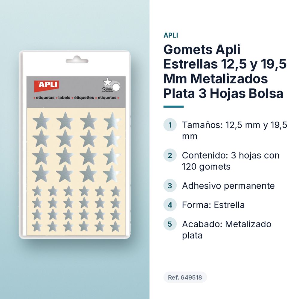GOMETS APLI ESTRELLAS 12,5 Y 19,5 MM METALIZADOS PLATA 3 HOJAS BOLSA - características principales