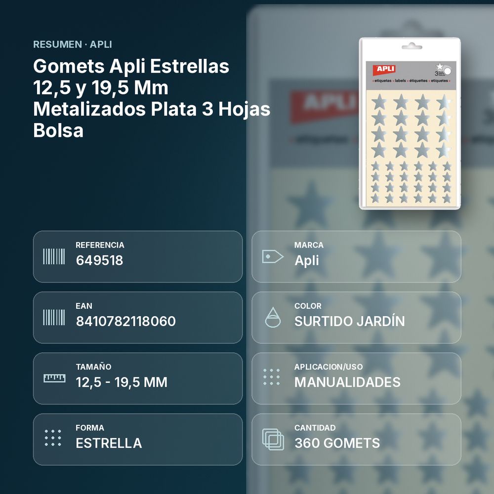 GOMETS APLI ESTRELLAS 12,5 Y 19,5 MM METALIZADOS PLATA 3 HOJAS BOLSA - resumen de atributos