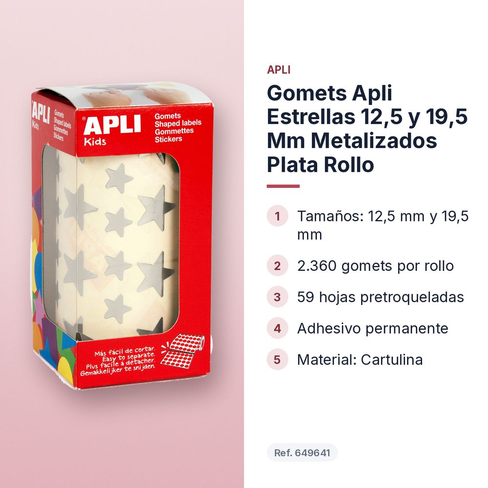 GOMETS APLI ESTRELLAS 12,5 Y 19,5 MM METALIZADOS PLATA ROLLO - características principales
