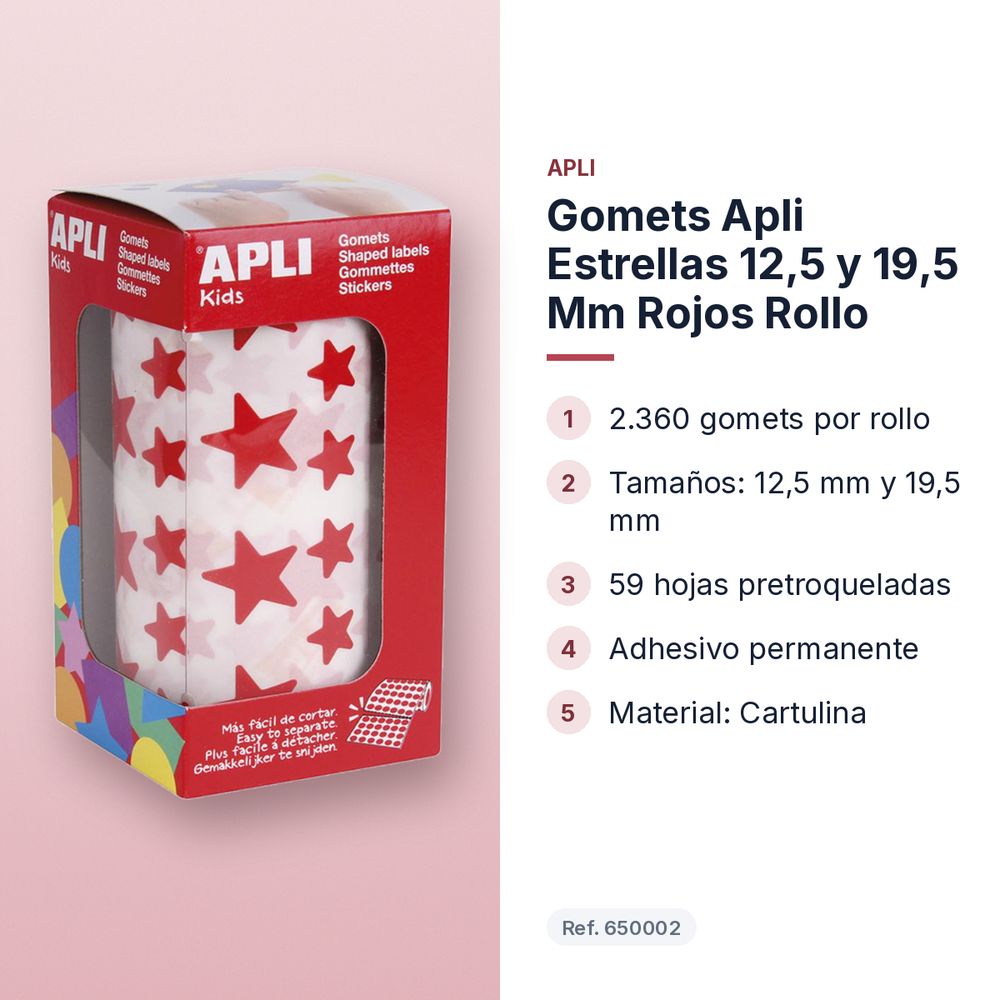 GOMETS APLI ESTRELLAS 12,5 Y 19,5 MM ROJOS ROLLO - características principales