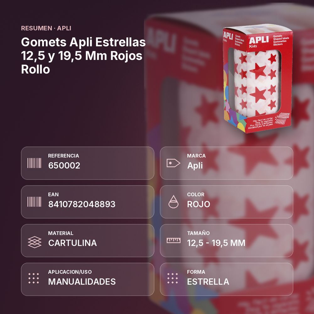 GOMETS APLI ESTRELLAS 12,5 Y 19,5 MM ROJOS ROLLO - resumen de atributos