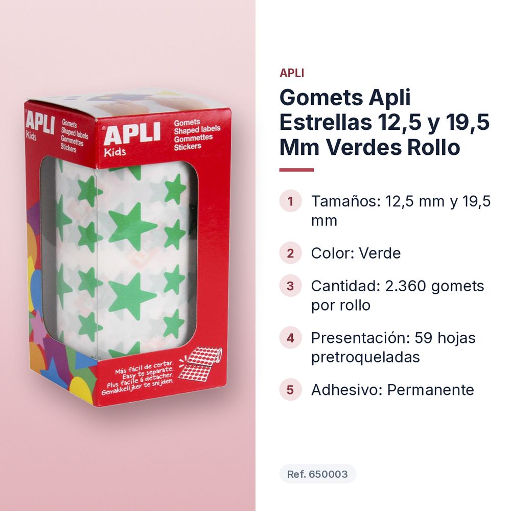 GOMETS APLI ESTRELLAS 12,5 Y 19,5 MM VERDES ROLLO - características principales