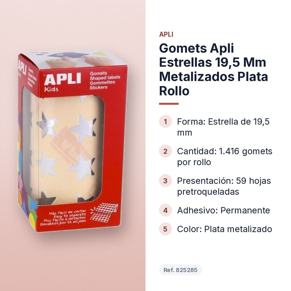 GOMETS APLI ESTRELLAS 19,5 MM METALIZADOS PLATA ROLLO - características principales