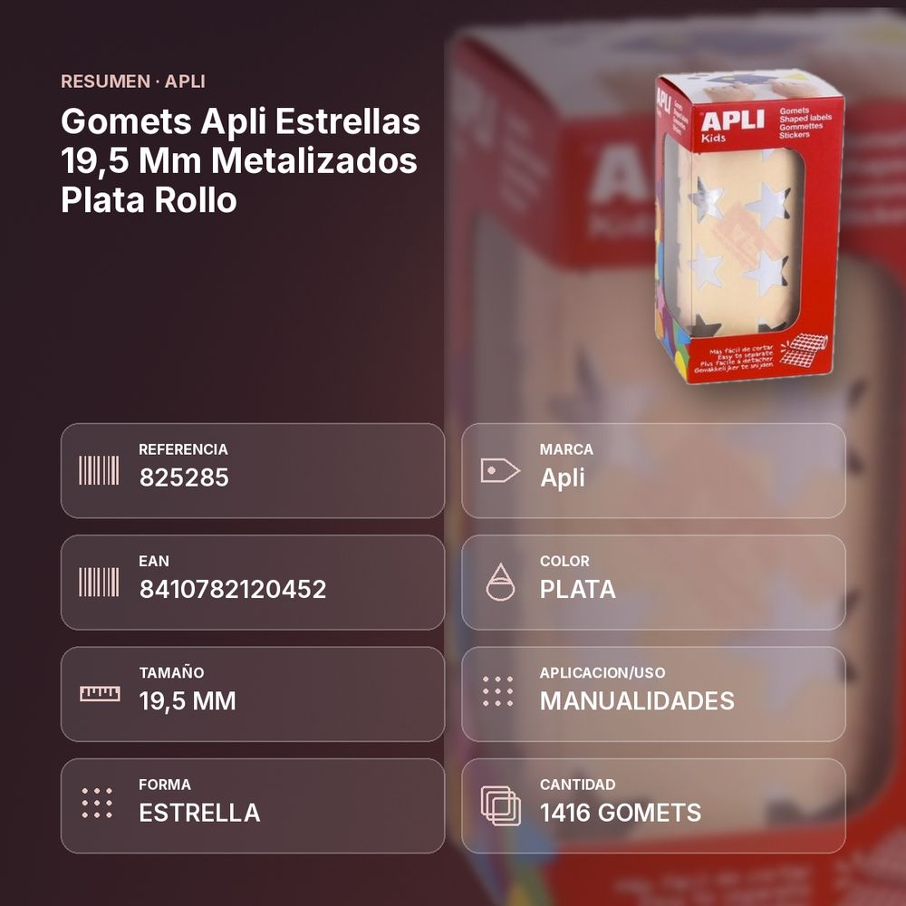GOMETS APLI ESTRELLAS 19,5 MM METALIZADOS PLATA ROLLO - resumen de atributos