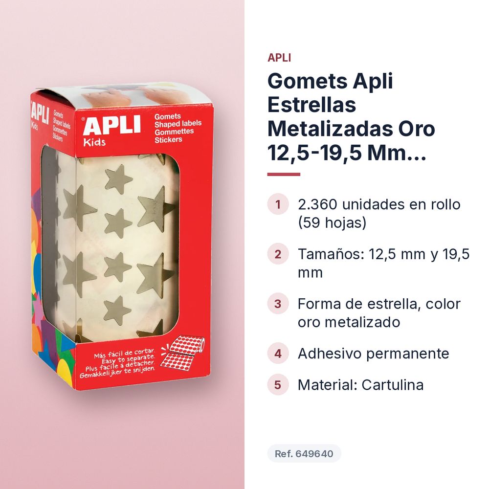 GOMETS APLI ESTRELLAS METALIZADAS ORO 12,5-19,5 MM (2.360 UDS) ROLLO - características principales