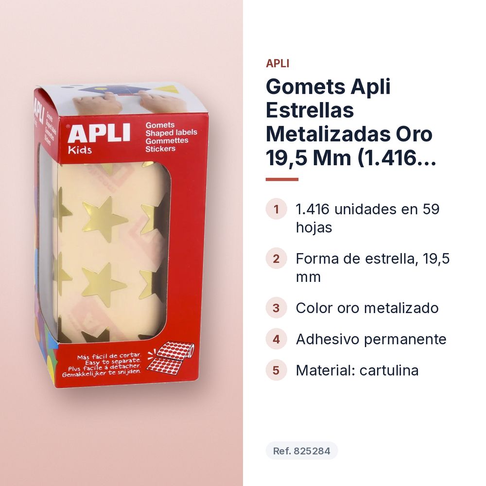 GOMETS APLI ESTRELLAS METALIZADAS ORO 19,5 MM (1.416 UDS) ROLLO - características principales