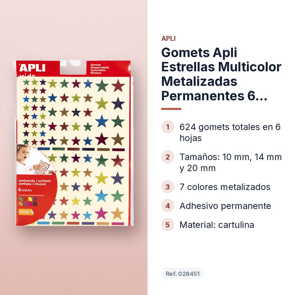 GOMETS APLI ESTRELLAS MULTICOLOR METALIZADAS PERMANENTES 6 HOJAS BOLSA - características principales