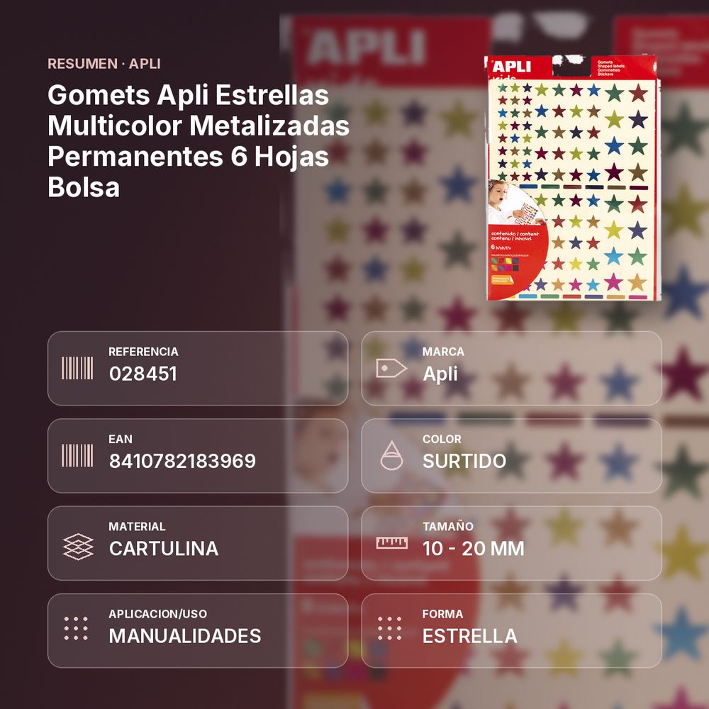 GOMETS APLI ESTRELLAS MULTICOLOR METALIZADAS PERMANENTES 6 HOJAS BOLSA - resumen de atributos