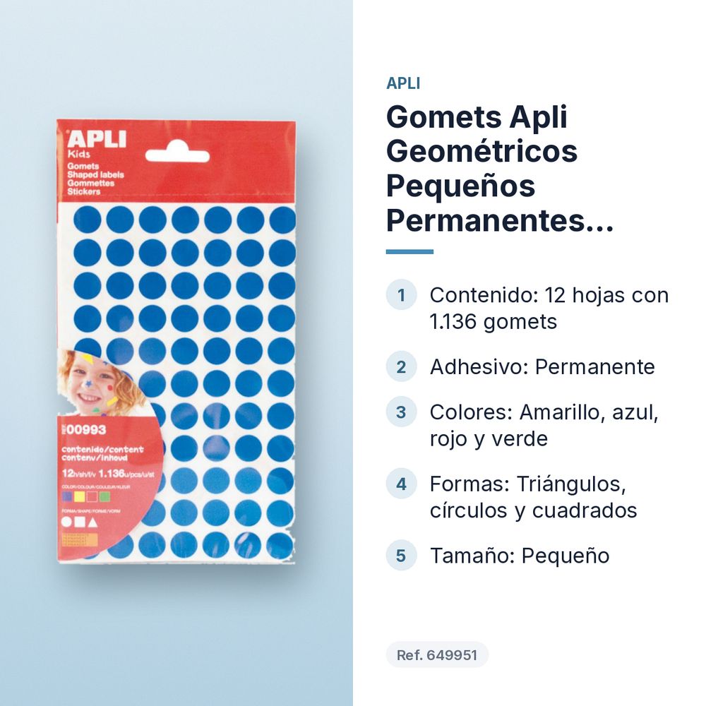 GOMETS APLI GEOMÉTRICOS PEQUEÑOS PERMANENTES AMARILLO, AZUL, ROJO Y VERDE 12 HOJAS BOLSA - características principales