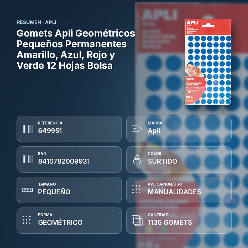 GOMETS APLI GEOMÉTRICOS PEQUEÑOS PERMANENTES AMARILLO, AZUL, ROJO Y VERDE 12 HOJAS BOLSA - resumen de atributos