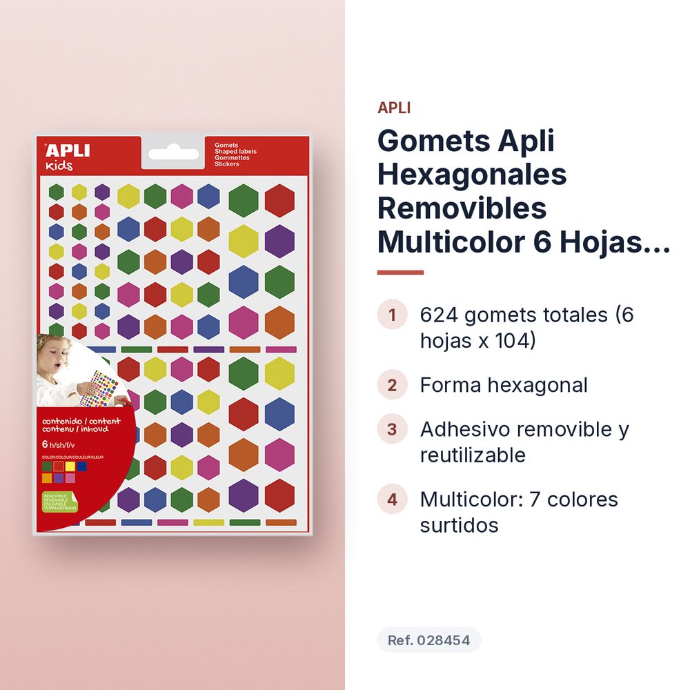 GOMETS APLI HEXAGONALES REMOVIBLES MULTICOLOR 6 HOJAS BOLSA - características principales