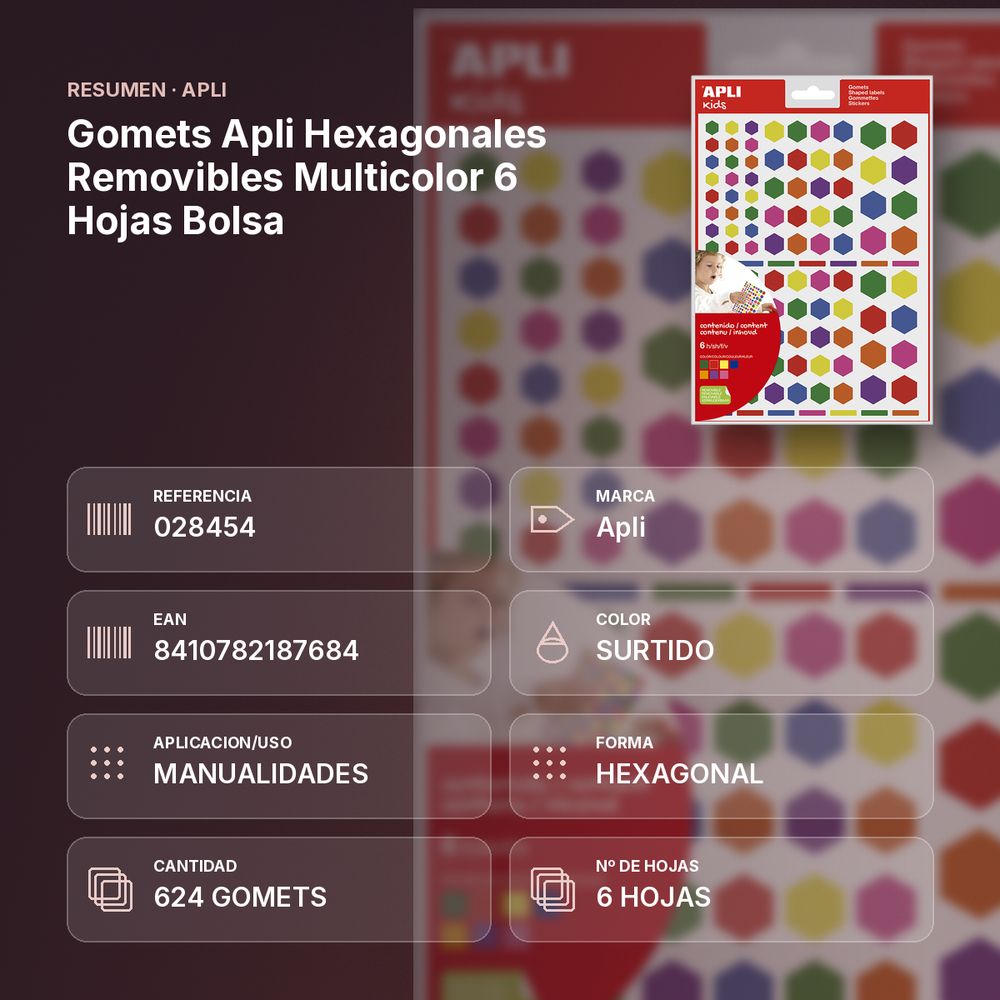 GOMETS APLI HEXAGONALES REMOVIBLES MULTICOLOR 6 HOJAS BOLSA - resumen de atributos