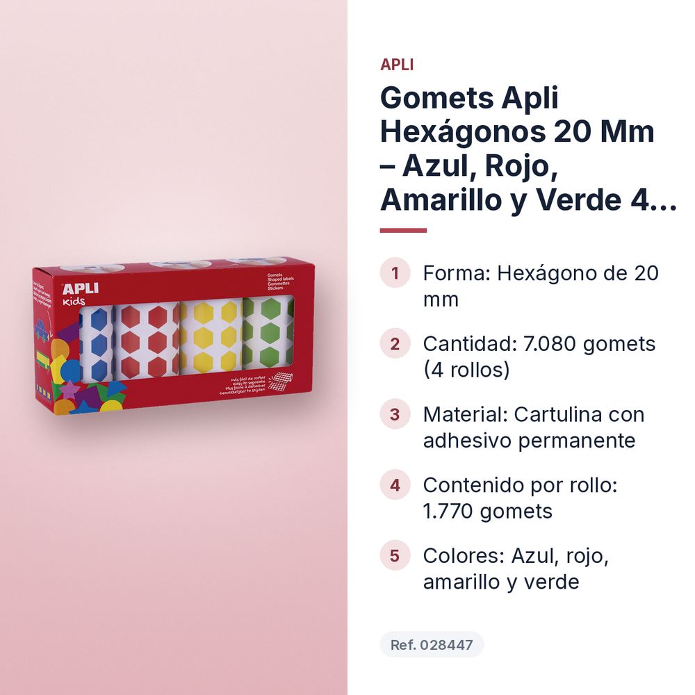 GOMETS APLI HEXÁGONOS 20 MM – AZUL, ROJO, AMARILLO Y VERDE 4 ROLLOS - características principales