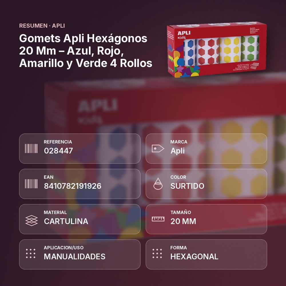 GOMETS APLI HEXÁGONOS 20 MM – AZUL, ROJO, AMARILLO Y VERDE 4 ROLLOS - resumen de atributos