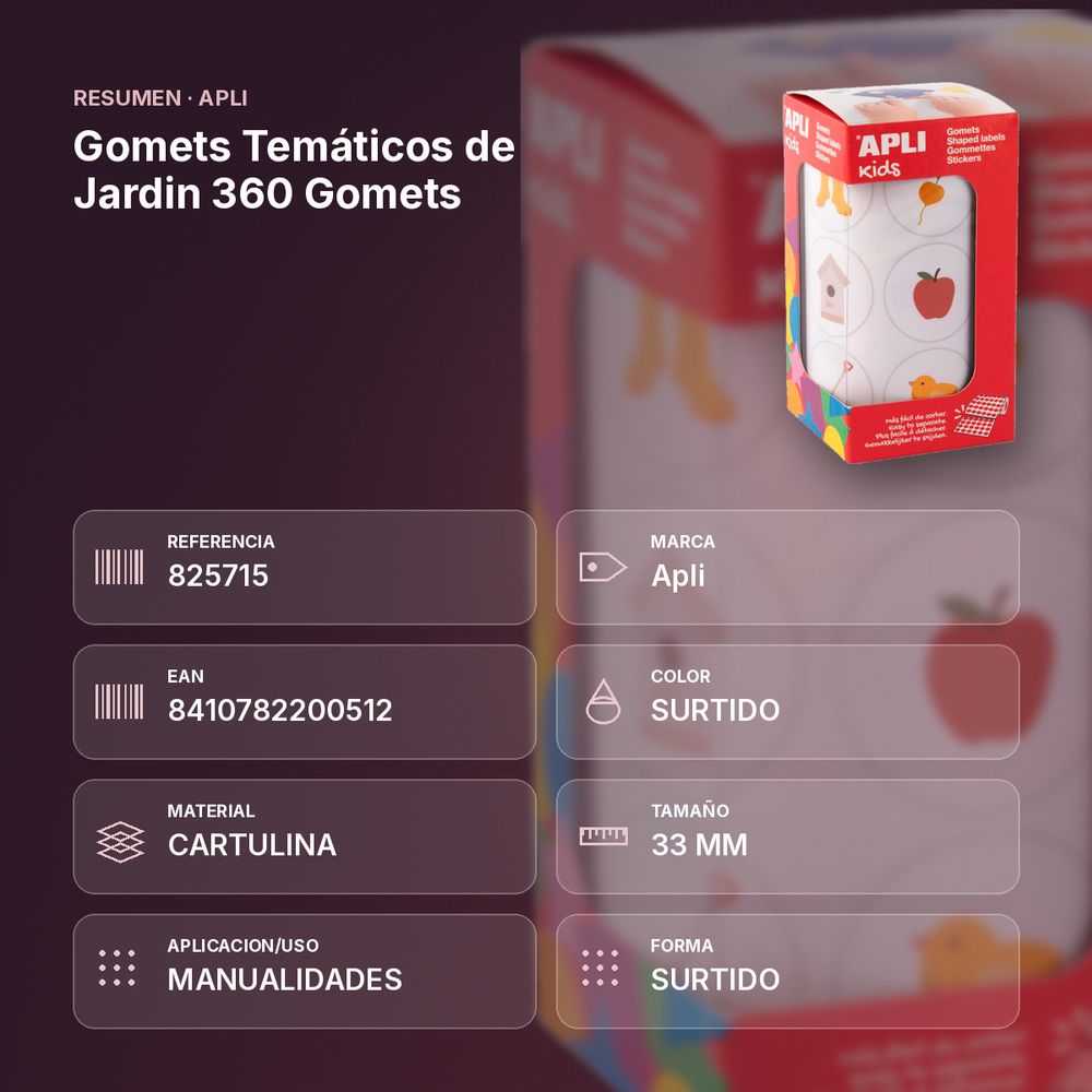 GOMETS TEMÁTICOS DE JARDIN 360 GOMETS - resumen de atributos