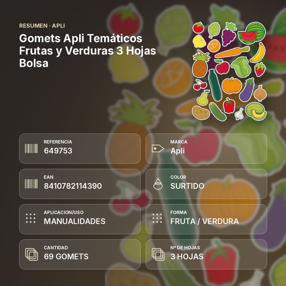 GOMETS APLI TEMÁTICOS FRUTAS Y VERDURAS 3 HOJAS BOLSA - resumen de atributos