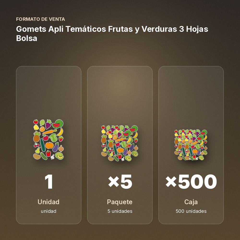 GOMETS APLI TEMÁTICOS FRUTAS Y VERDURAS 3 HOJAS BOLSA - formato de venta: paquete de 5, caja de 500, palé de 18000