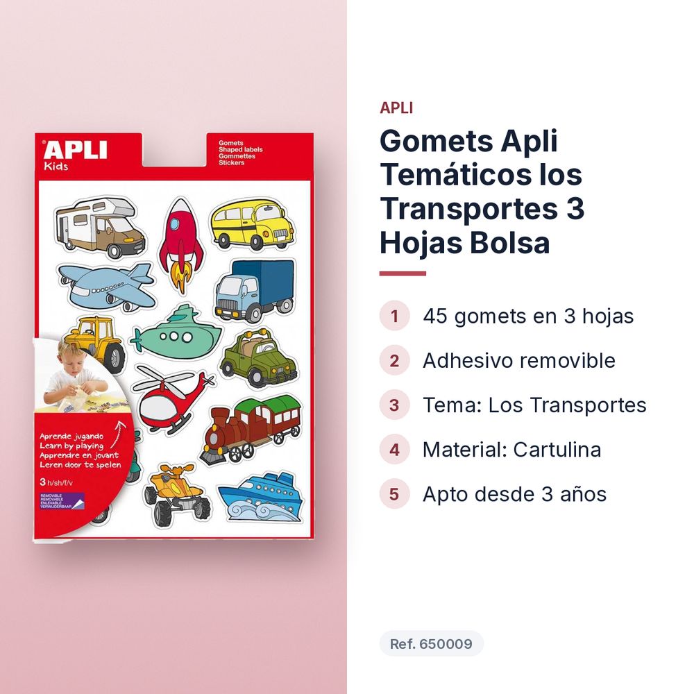 GOMETS APLI TEMÁTICOS LOS TRANSPORTES 3 HOJAS BOLSA - características principales