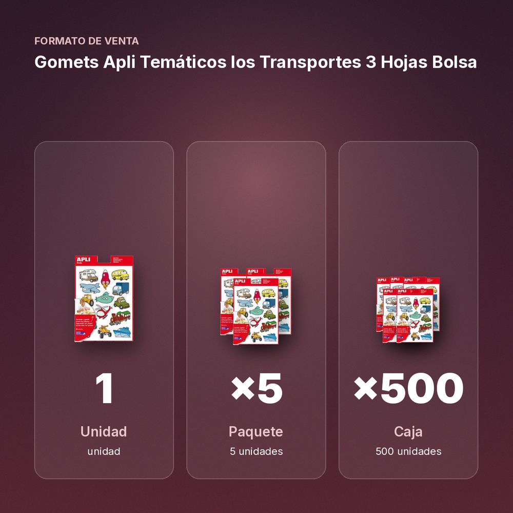 GOMETS APLI TEMÁTICOS LOS TRANSPORTES 3 HOJAS BOLSA - formato de venta: paquete de 5, caja de 500, palé de 18000