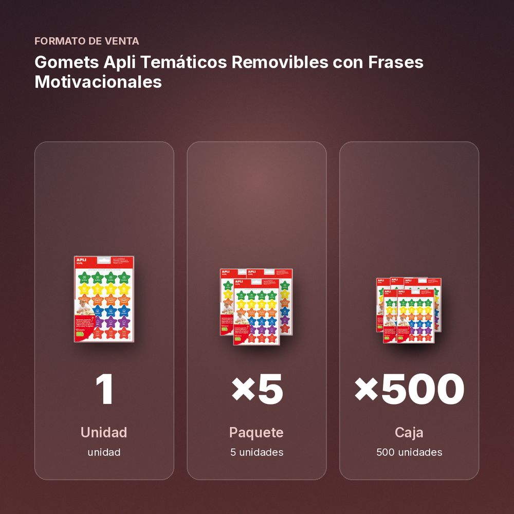 GOMETS APLI TEMÁTICOS REMOVIBLES CON FRASES MOTIVACIONALES - formato de venta: paquete de 5, caja de 500, palé de 18000