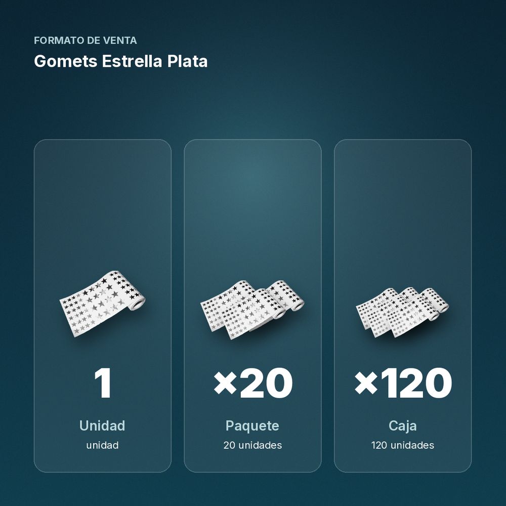 GOMETS ESTRELLA PLATA - formato de venta: paquete de 20, caja de 120