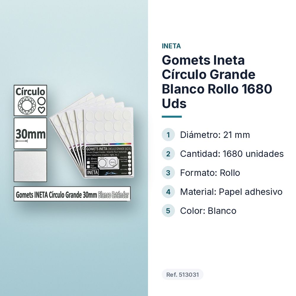 GOMETS INETA CÍRCULO GRANDE BLANCO ROLLO 1680 UDS - características principales