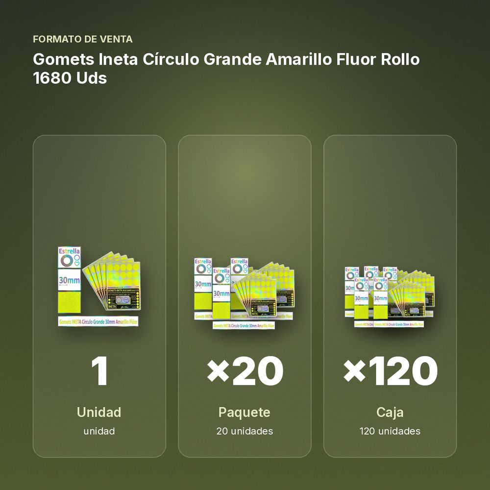 GOMETS INETA CÍRCULO GRANDE AMARILLO FLUOR ROLLO 1680 UDS - formato de venta: paquete de 20, caja de 120