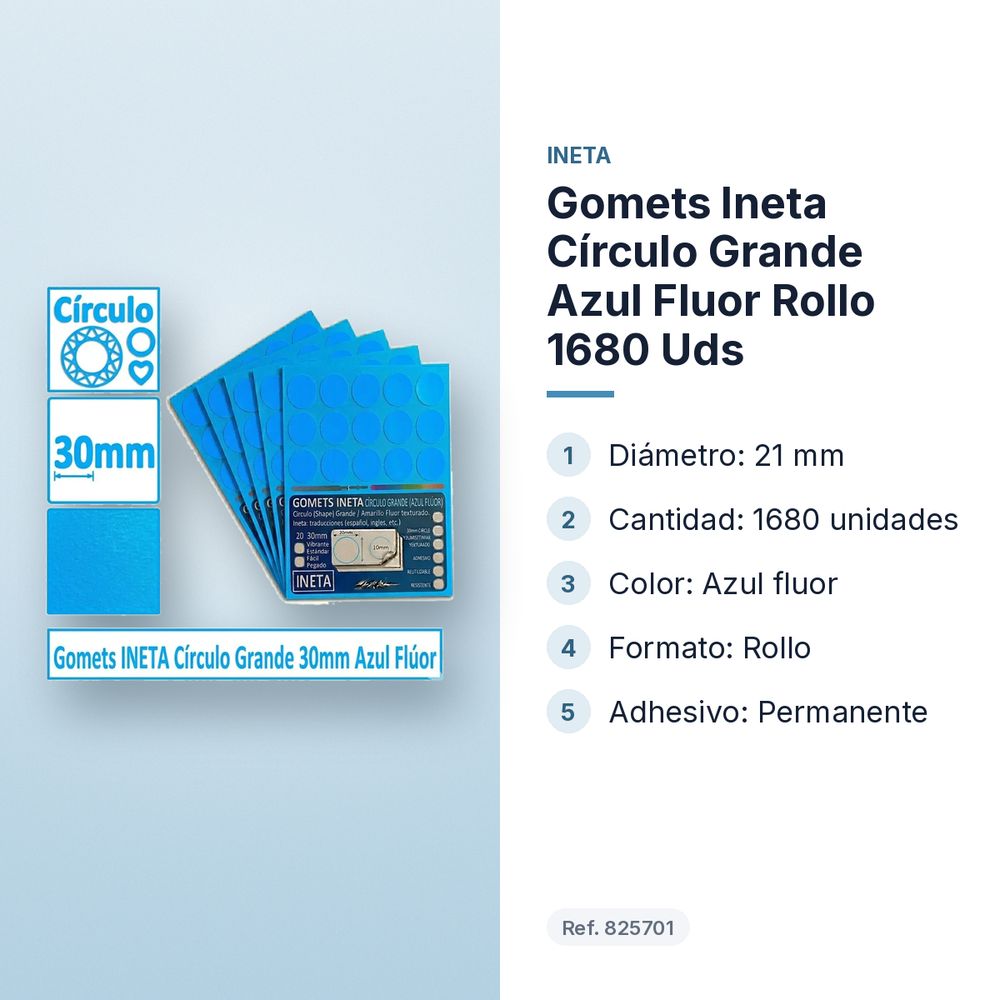 GOMETS INETA CÍRCULO GRANDE AZUL FLUOR ROLLO 1680 UDS - características principales