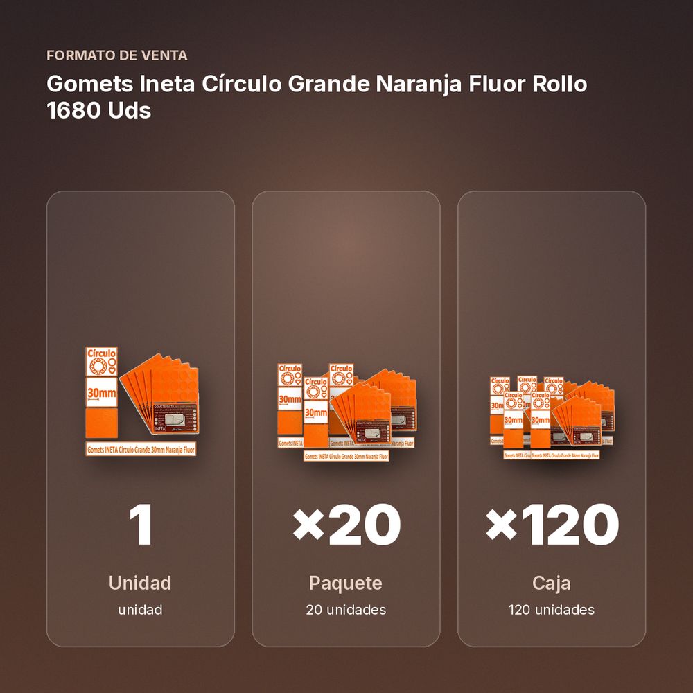 GOMETS INETA CÍRCULO GRANDE NARANJA FLUOR ROLLO 1680 UDS - formato de venta: paquete de 20, caja de 120