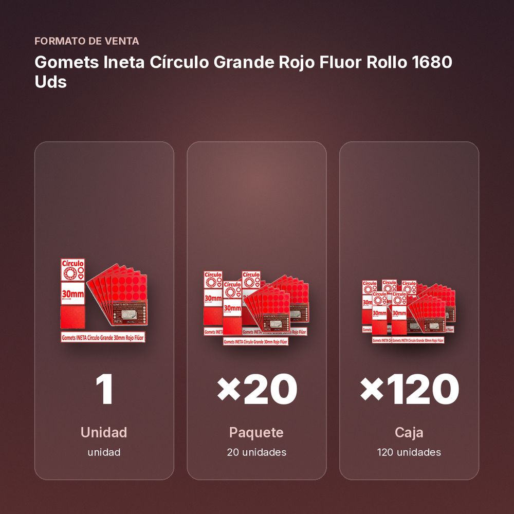 GOMETS INETA CÍRCULO GRANDE ROJO FLUOR ROLLO 1680 UDS - formato de venta: paquete de 20, caja de 120