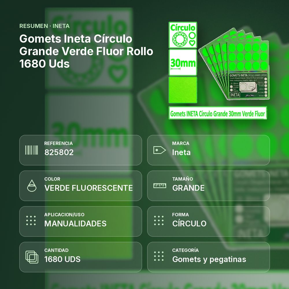 GOMETS INETA CÍRCULO GRANDE VERDE FLUOR ROLLO 1680 UDS - resumen de atributos