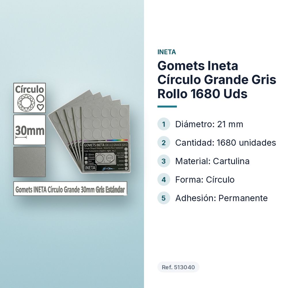 GOMETS INETA CÍRCULO GRANDE GRIS ROLLO 1680 UDS - características principales