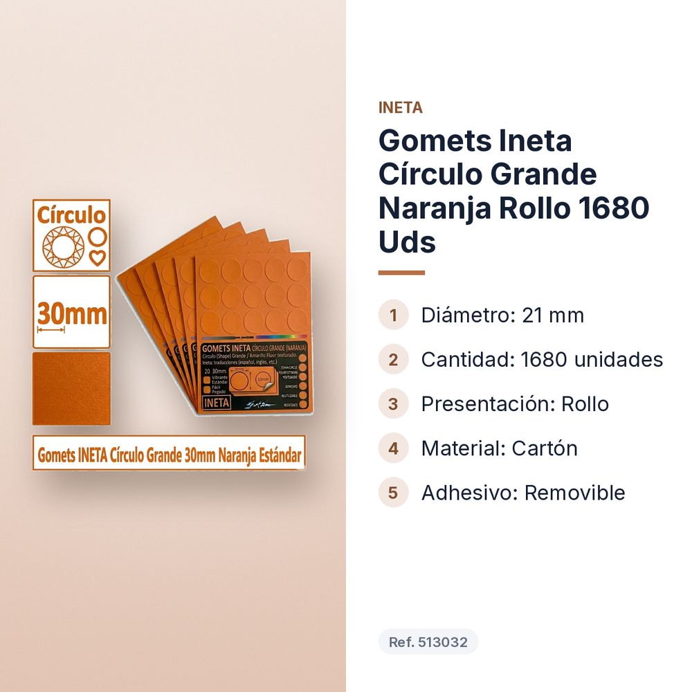 GOMETS INETA CÍRCULO GRANDE NARANJA ROLLO 1680 UDS - características principales