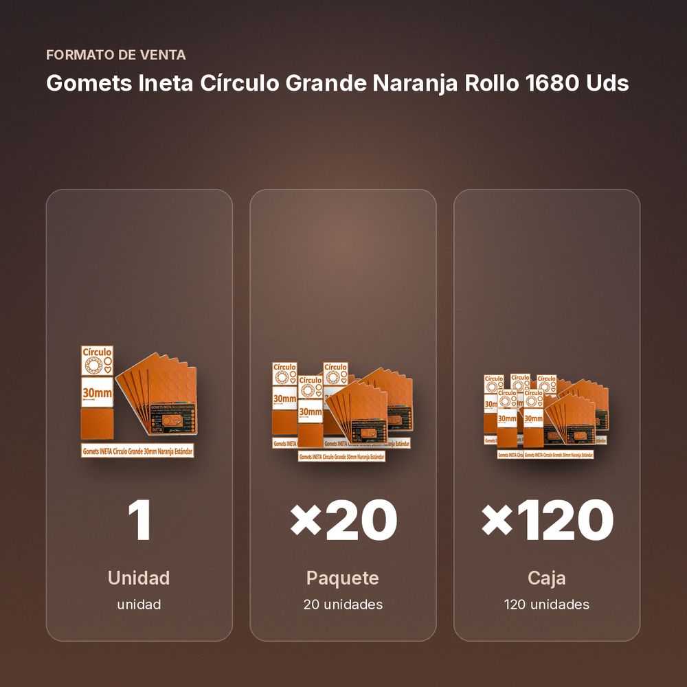GOMETS INETA CÍRCULO GRANDE NARANJA ROLLO 1680 UDS - formato de venta: paquete de 20, caja de 120