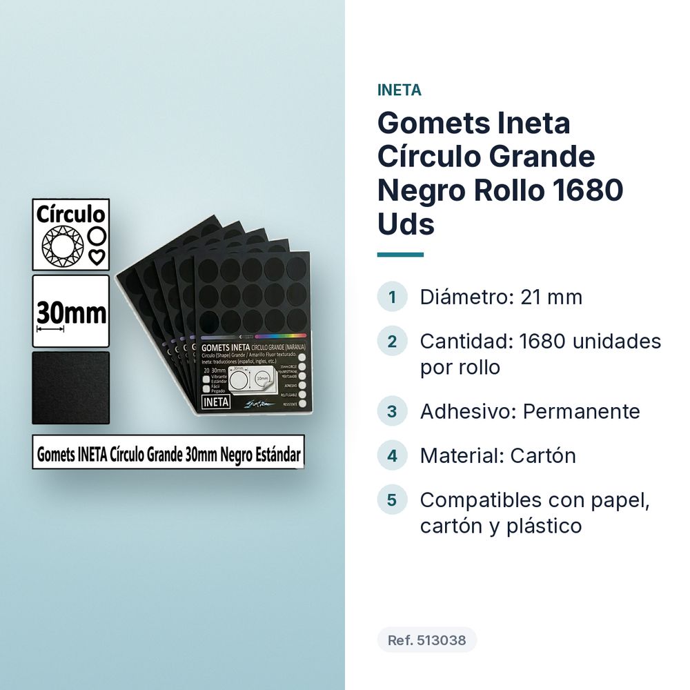 GOMETS INETA CÍRCULO GRANDE NEGRO ROLLO 1680 UDS - características principales