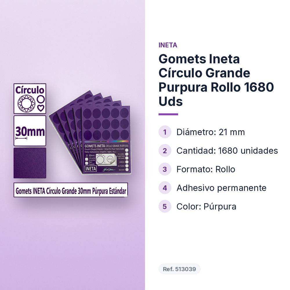 GOMETS INETA CÍRCULO GRANDE PURPURA ROLLO 1680 UDS - características principales