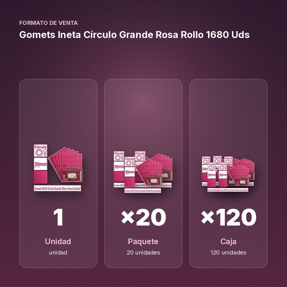 GOMETS INETA CÍRCULO GRANDE ROSA ROLLO 1680 UDS - formato de venta: paquete de 20, caja de 120