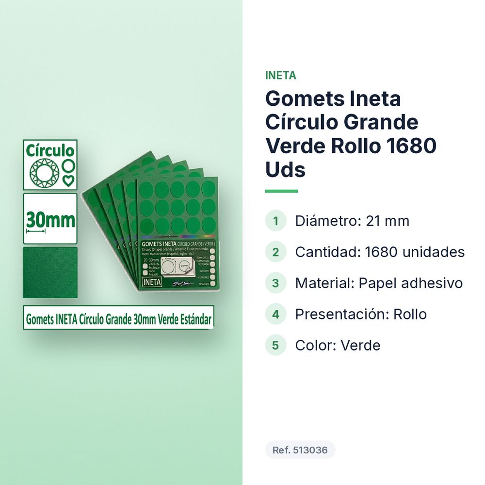 GOMETS INETA CÍRCULO GRANDE VERDE ROLLO 1680 UDS - características principales
