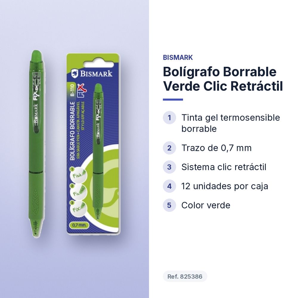 BOLÍGRAFO BORRABLE VERDE CLIC RETRÁCTIL  - características principales