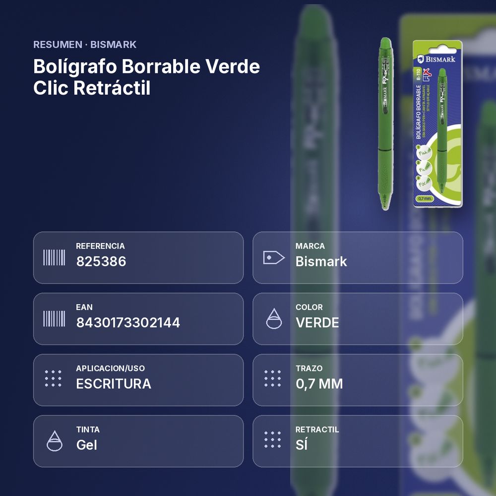 BOLÍGRAFO BORRABLE VERDE CLIC RETRÁCTIL  - resumen de atributos