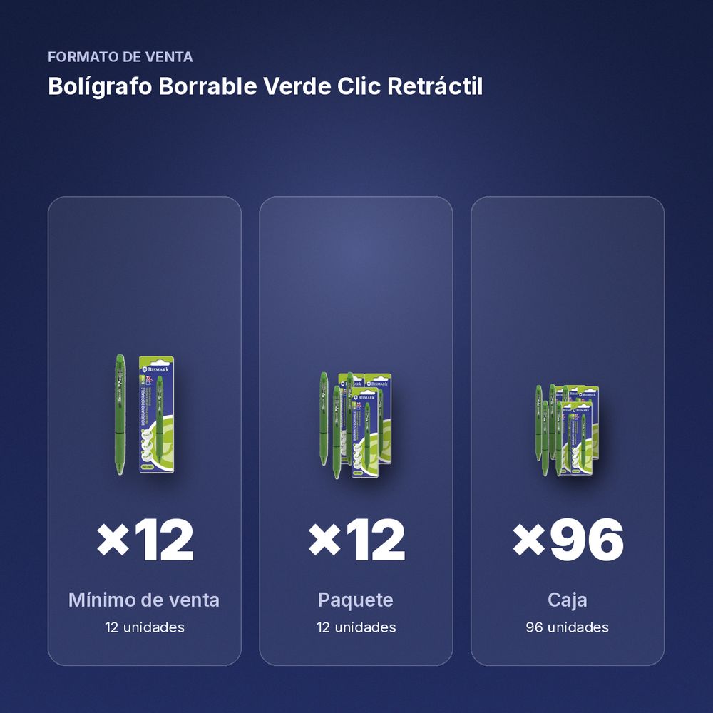 BOLÍGRAFO BORRABLE VERDE CLIC RETRÁCTIL  - formato de venta: paquete de 12, caja de 96