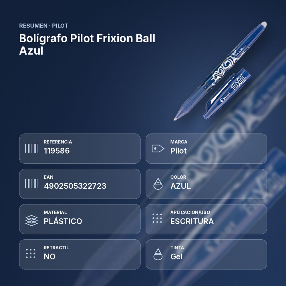 BOLÍGRAFO PILOT FRIXION BALL AZUL - resumen de atributos