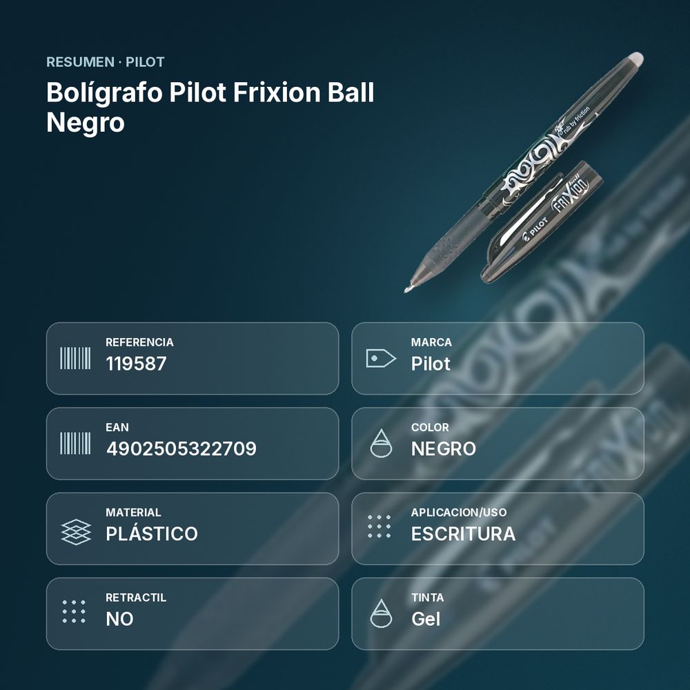 BOLÍGRAFO PILOT FRIXION BALL NEGRO - resumen de atributos