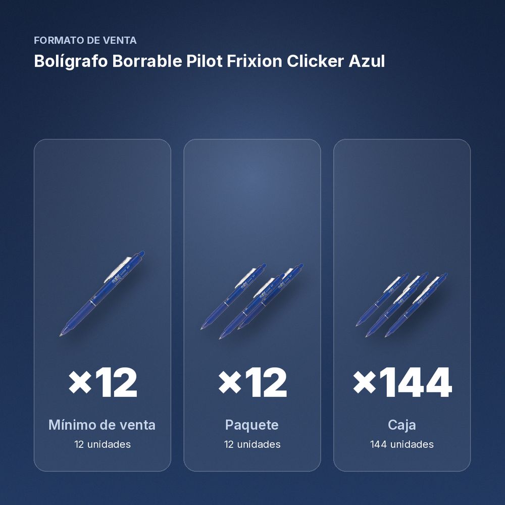 BOLÍGRAFO BORRABLE PILOT FRIXION CLICKER AZUL - formato de venta: paquete de 12, caja de 144, palé de 864