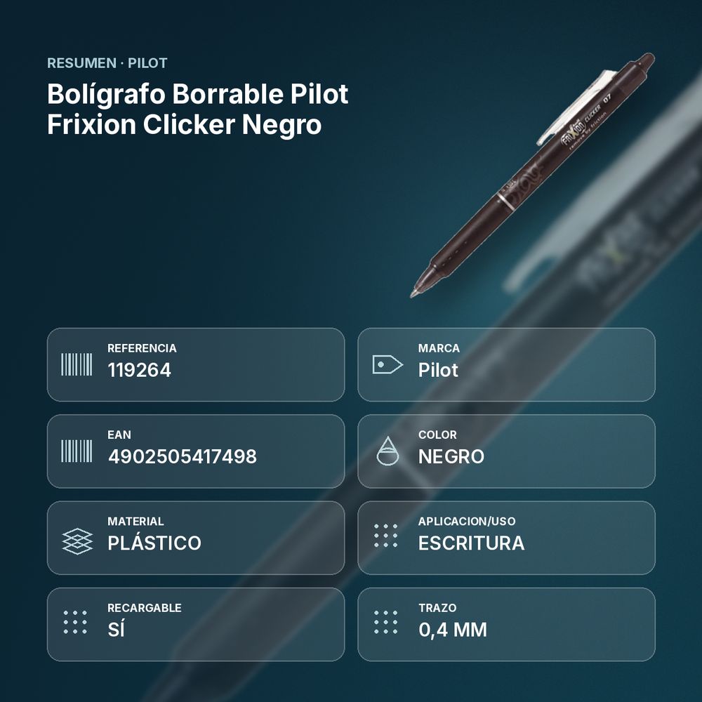 BOLÍGRAFO BORRABLE PILOT FRIXION CLICKER NEGRO - resumen de atributos